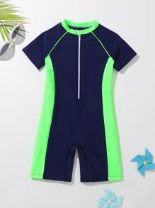 Toddler Boys' Cool Colourblock Shark Rashguard For Summer Surfing And Diving - Navy Blue - View 1
