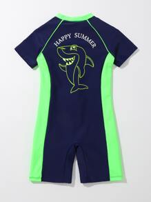 Toddler Boys' Cool Colourblock Shark Rashguard For Summer Surfing And Diving - Navy Blue - View 2