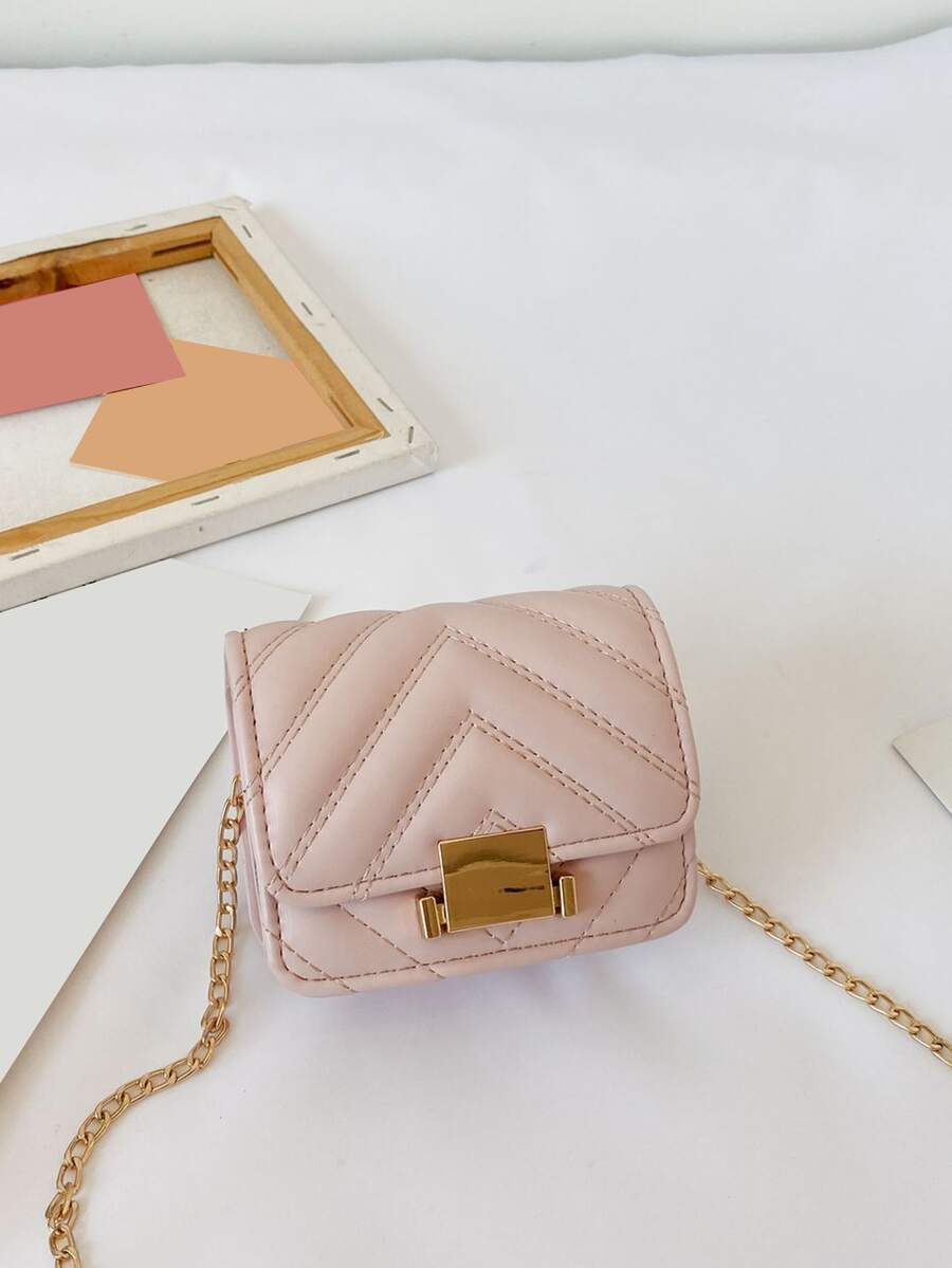 Girls Metal Lock Quilted Flap Chain Square Bag - Pink - View 1