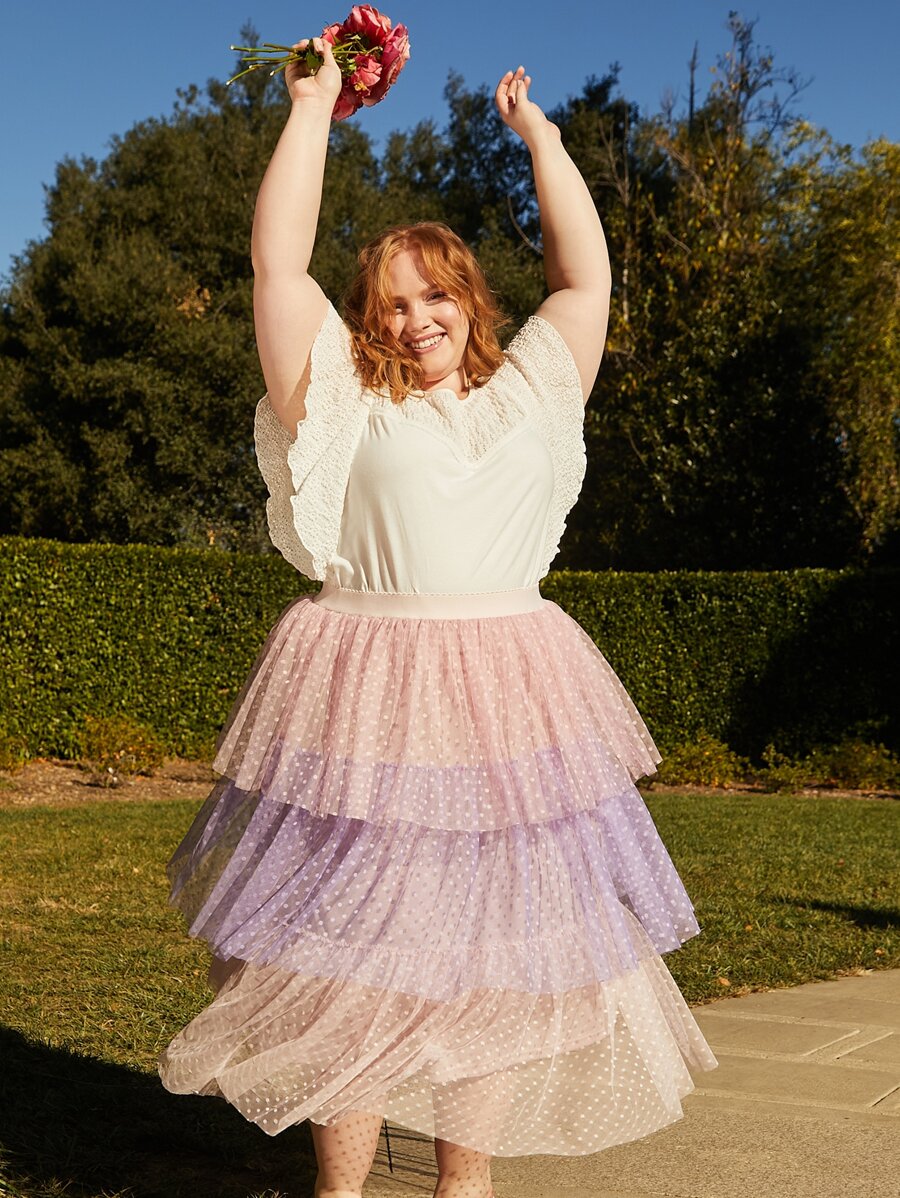 SHEIN CURVE+ Plus Dobby Mesh Overlay Layer Hem Skirt - Multicolor - View 1