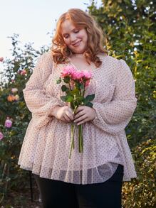SHEIN CURVE+ Plus Polka Dot Ruffle Hem Mesh Overlay Blouse - Coral Pink - View 1