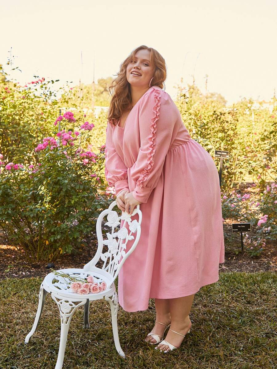 SHEIN CURVE+ Plus Solid V Neck Frill Detail Dress - Pink - View 1