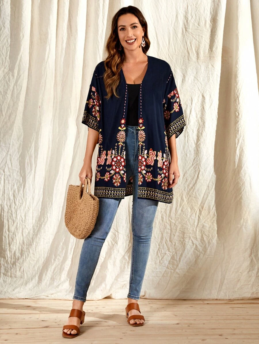 EMERY ROSE Floral Print Kimono - Navy Blue - View 1