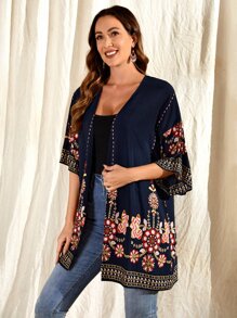 EMERY ROSE Floral Print Kimono - Navy Blue - View 5