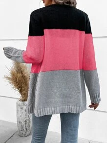 SHEIN LUNE Color Block Cable Knit Cardigan - Multicolor - View 2