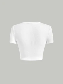 SHEIN MOD 2 In 1 Lace Up Black And White Pu Leather And Different Material Splicing Short-Sleeved Round Neck Tee - White - View 2