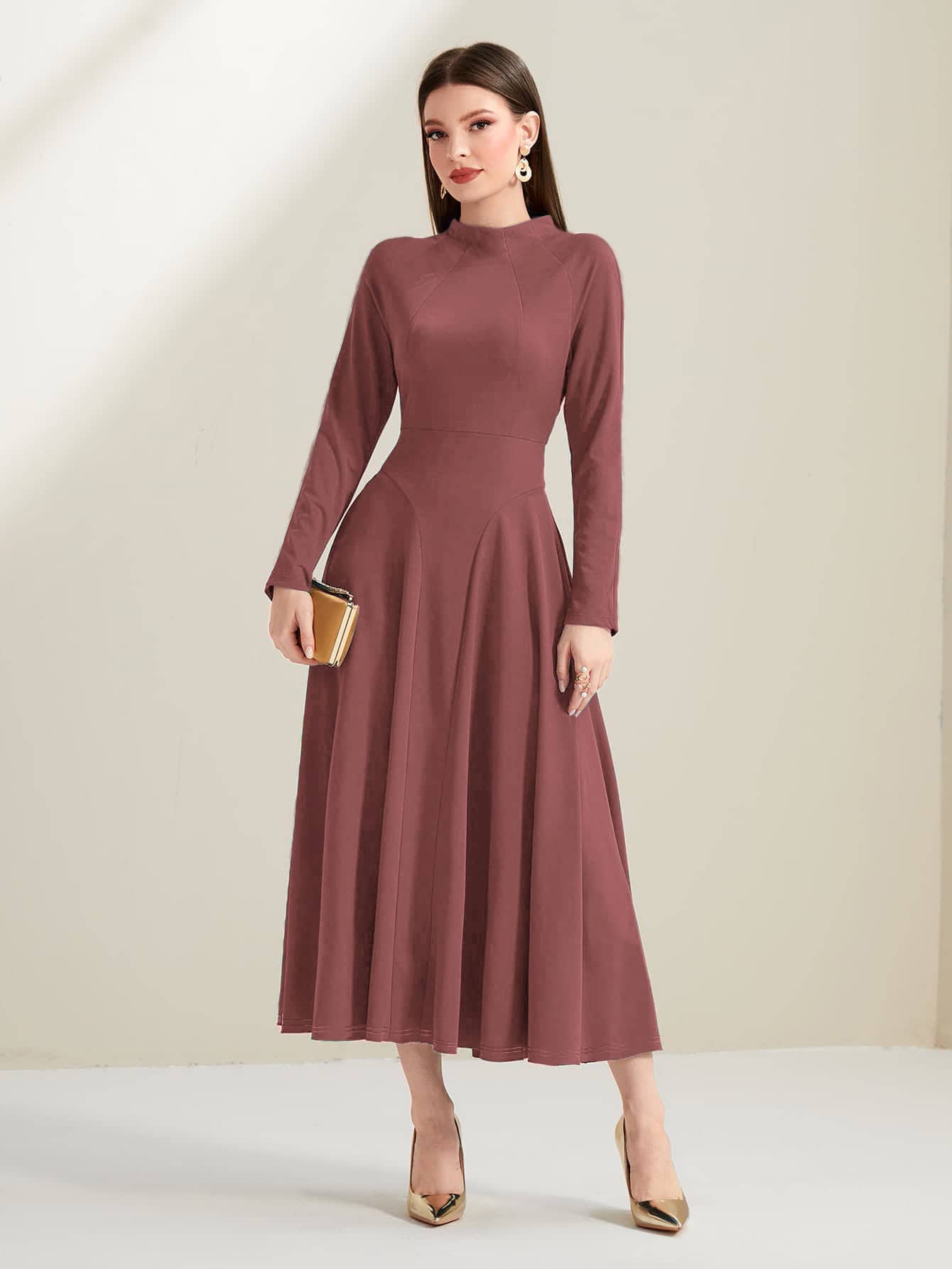 Modelyn Vestido de cuello alto de manga raglán - Rosa Roja - Ver 1