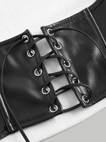 SHEIN MOD 2 In 1 Lace Up Black And White Pu Leather And Different Material Splicing Short-Sleeved Round Neck Tee - White - View 4