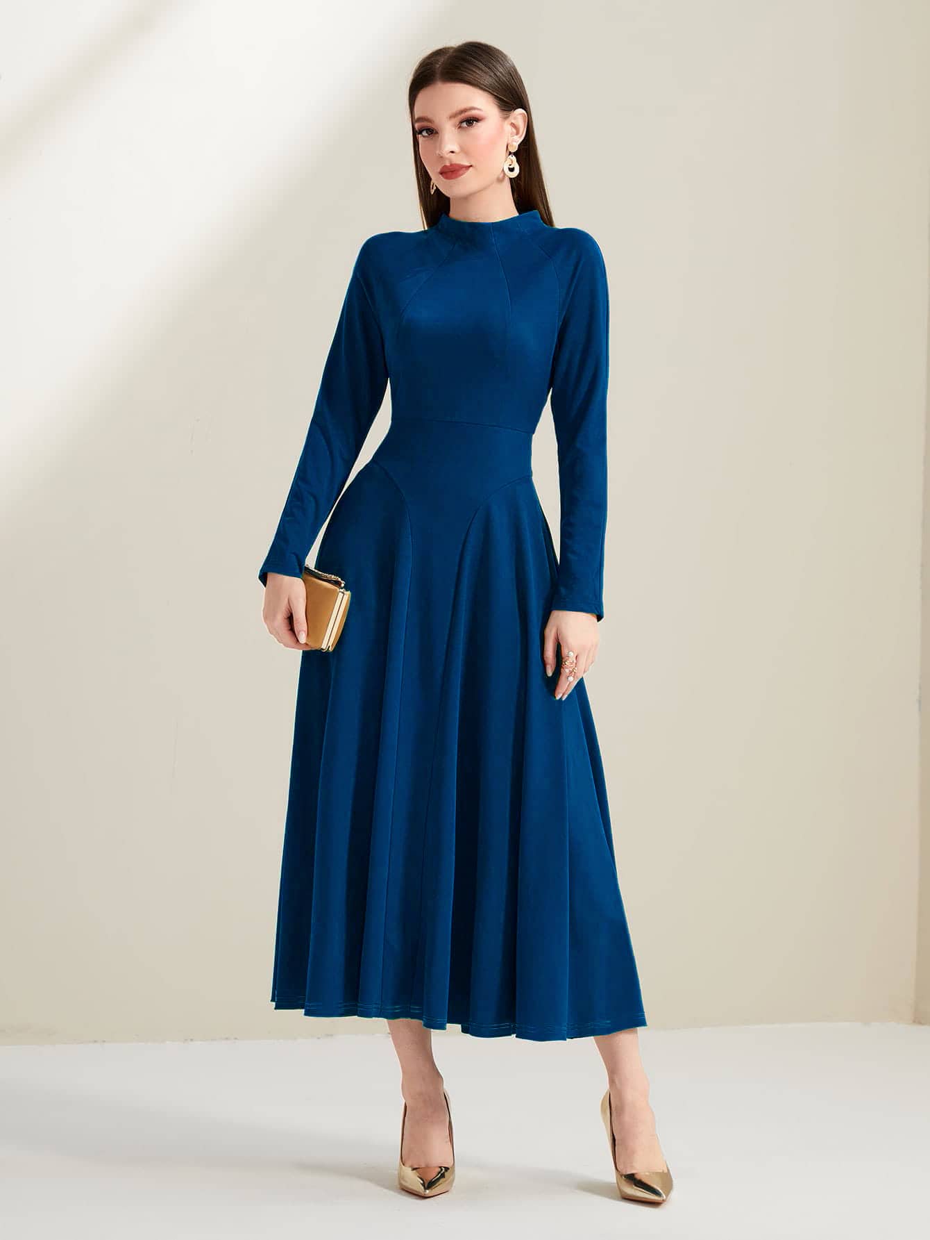 Modelyn Vestido de cuello alto de manga raglán - Azul Marino - Ver 1