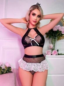 花卉蕾絲內衣套裝附項圈 - 黑與白 - 查看 5