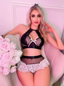 花卉蕾絲內衣套裝附項圈 - 黑與白 - 查看 6