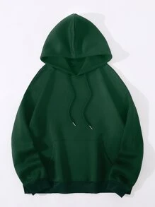 SHEIN EZwear Letter & Butterfly Print Kangaroo Pocket Drawstring Thermal Hoodie - Dark Green - View 2