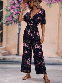 SHEIN VCAY Floral Print Surplice Neck Belted Jumpsuit - Navy Blue - View 1