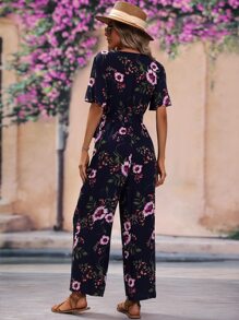 SHEIN VCAY Floral Print Surplice Neck Belted Jumpsuit - Navy Blue - View 2