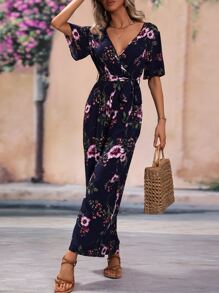SHEIN VCAY Floral Print Surplice Neck Belted Jumpsuit - Navy Blue - View 3