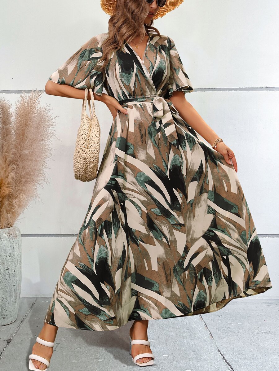 SHEIN LUNE Vestido con cinturón con estampado de manga mariposa - Multicolor - Ver 1