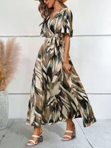 SHEIN LUNE Vestido con cinturón con estampado de manga mariposa - Multicolor - Ver 4