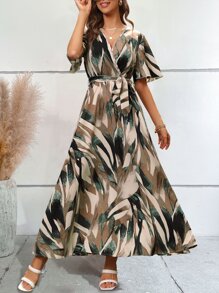 SHEIN LUNE Vestido con cinturón con estampado de manga mariposa - Multicolor - Ver 5