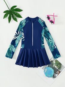 Tween Girl Tropical Print Zipper Front Ruffle Hem One Piece Swimsuit - Navy Blue - View 1