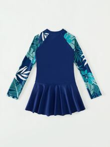 Tween Girl Tropical Print Zipper Front Ruffle Hem One Piece Swimsuit - Navy Blue - View 2