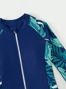 Tween Girl Tropical Print Zipper Front Ruffle Hem One Piece Swimsuit - Navy Blue - View 3