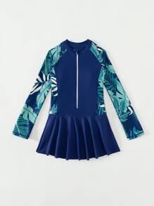 Tween Girl Tropical Print Zipper Front Ruffle Hem One Piece Swimsuit - Navy Blue - View 5