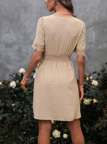 SHEIN LUNE 圓點抽褶細節連衣裙 - 卡其色 - 查看 3