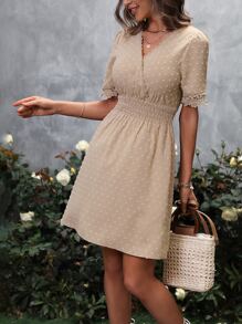 SHEIN LUNE 圓點抽褶細節連衣裙 - 卡其色 - 查看 4