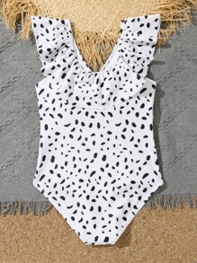 Traje De Baño De Una Pieza Con Estampado De Dálmata, Con Volantes Y Fruncido Para Niñas Jóvenes - Blanco - Ver 2
