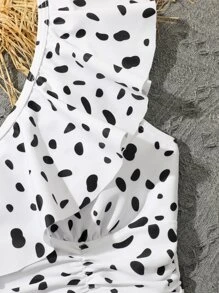 Traje De Baño De Una Pieza Con Estampado De Dálmata, Con Volantes Y Fruncido Para Niñas Jóvenes - Blanco - Ver 3