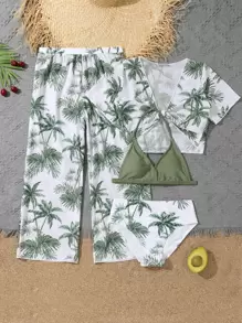 Conjunto de bikini sin tirantes con estampado tropical, kimono y pantalones de cubrición para niña preadolescente, para playa de verano - Multicolor - Ver 1