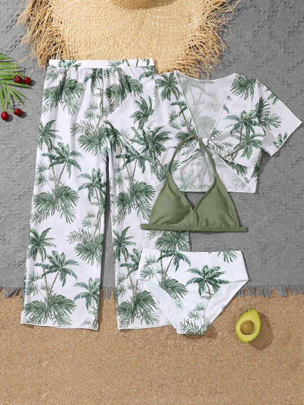 Tween Girl Tropical Print Halter Bikini Set & Kimono & Cover Up Pants Summer Beach