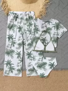Conjunto de bikini sin tirantes con estampado tropical, kimono y pantalones de cubrición para niña preadolescente, para playa de verano - Multicolor - Ver 2