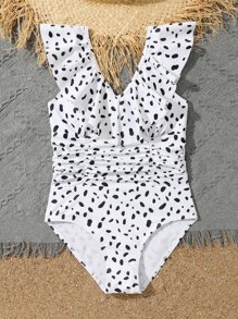 Traje De Baño De Una Pieza Con Estampado De Dálmata, Con Volantes Y Fruncido Para Niñas Jóvenes - Blanco - Ver 5