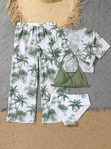 Conjunto de bikini sin tirantes con estampado tropical, kimono y pantalones de cubrición para niña preadolescente, para playa de verano - Multicolor - Ver 5