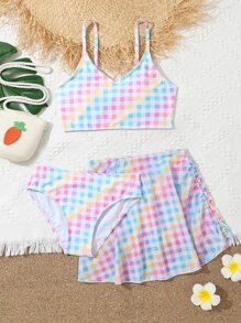 青少年女孩格子比基尼套装搭配褶皱沙滩裙夏日海滩