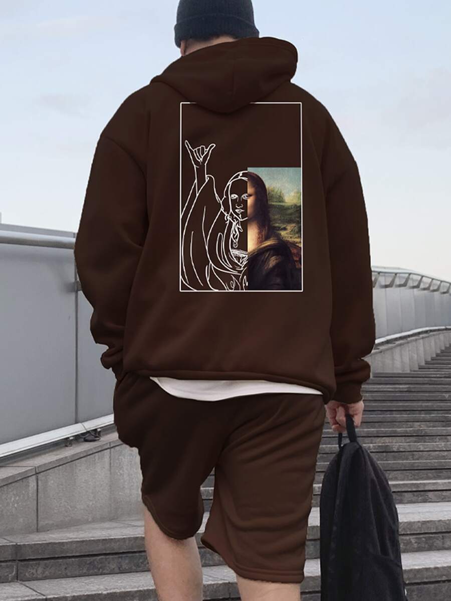 Manfinity Roghcode 男士人像圖案落肩袖抽繩連帽衫和短褲 - 咖啡棕 - 查看 1