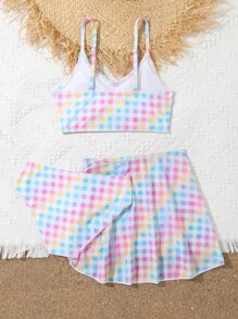 青少年女孩格子比基尼套装搭配褶皱沙滩裙夏日海滩