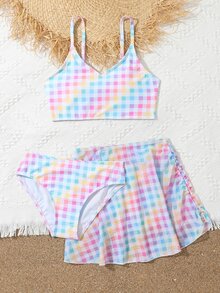 青少年女孩格子比基尼套装搭配褶皱沙滩裙夏日海滩