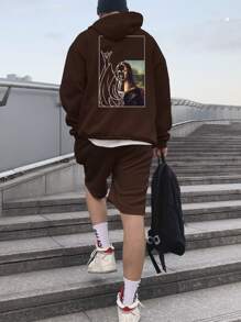 Manfinity Roghcode 男士人像圖案落肩袖抽繩連帽衫和短褲 - 咖啡棕 - 查看 7