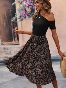 SHEIN LUNE Floral Print Asymmetrical Neck Dress - Black - View 1