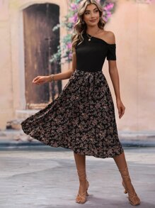 SHEIN LUNE Floral Print Asymmetrical Neck Dress - Black - View 5
