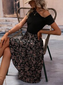 SHEIN LUNE Floral Print Asymmetrical Neck Dress - Black - View 6