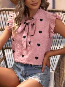 SHEIN Privé Heart Pattern Tie Neck Ruffle Trim Fuzzy Blouse - Pink - View 1