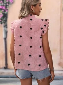 SHEIN Privé Heart Pattern Tie Neck Ruffle Trim Fuzzy Blouse - Pink - View 2
