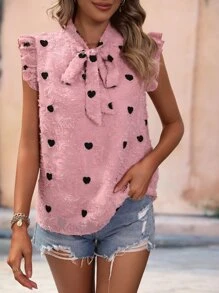 SHEIN Privé Heart Pattern Tie Neck Ruffle Trim Fuzzy Blouse - Pink - View 3