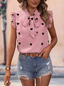 SHEIN Privé Heart Pattern Tie Neck Ruffle Trim Fuzzy Blouse - Pink - View 4