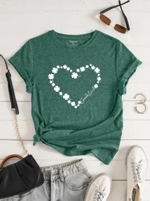 SHEIN LUNE Heart And Slogan Graphic Tee - Dark Green - View 1