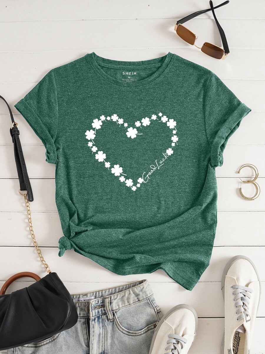 SHEIN LUNE Heart And Slogan Graphic Tee - Dark Green - View 1