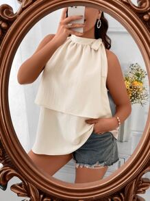 SHEIN Clasi Plus Tie Side Layer Hem Chiffon Halter Top - Apricot - View 5